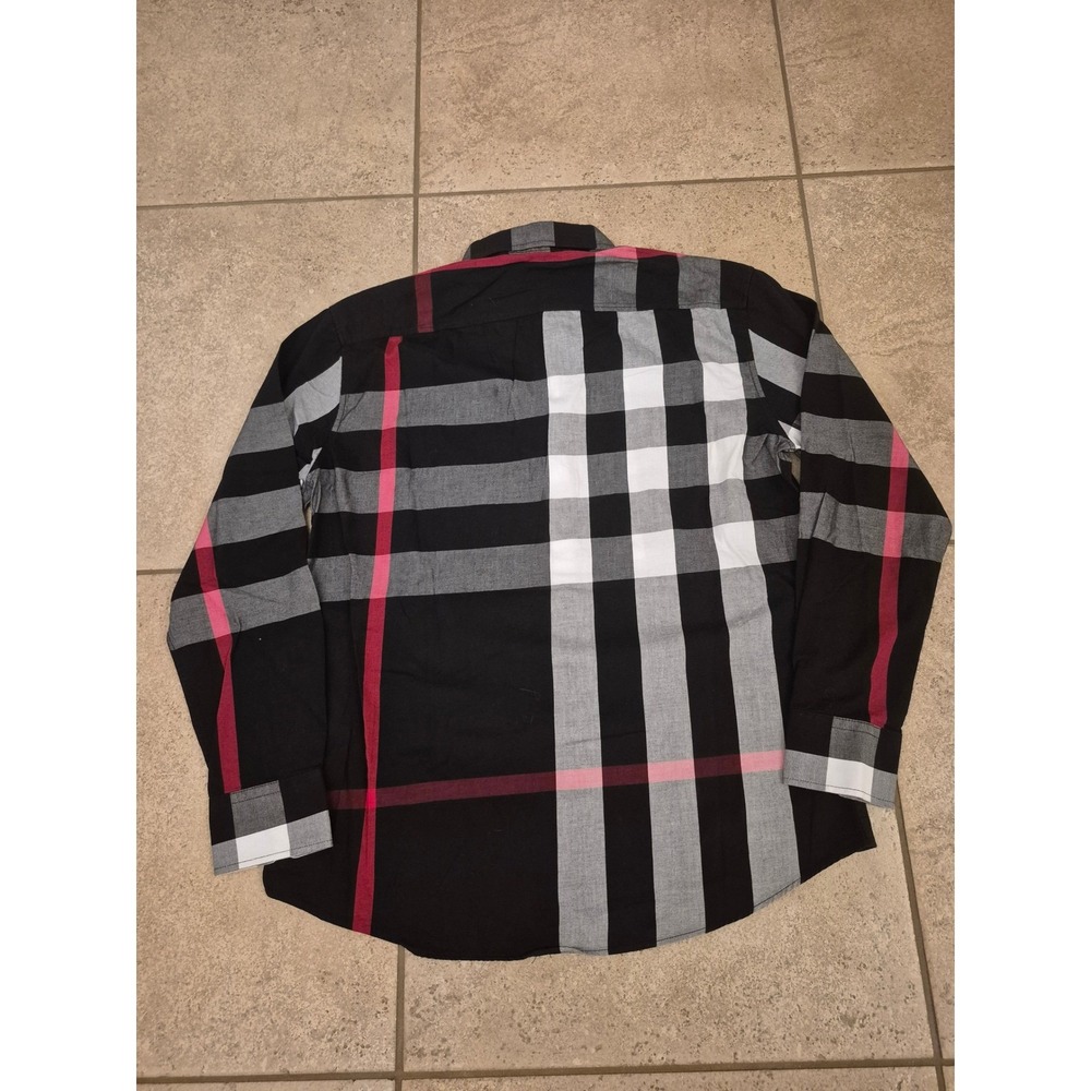 Burberry London England Men's Check Cotton Shirt Long Sleeves Black Red Gray - Picture 12 of 13